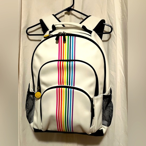 PB Teen White Faux Leather Backpack Rainbows & Smiles Accents EUC Large - Picture 1 of 11